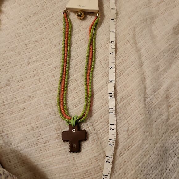 A beaded necklace  with a cross attached with leather Swarovski blue crystal - Picture 5 of 5